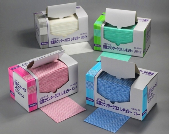 Color-coded disposable foodservice cleaning wipes in box packaging with tear-line opening